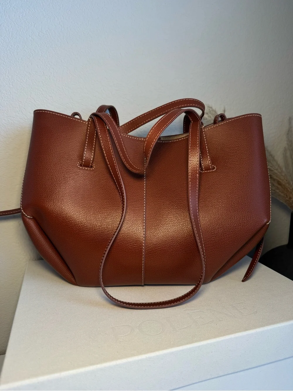 Polene Cyme Mini EDITION TEXTURED COGNAC Small Expandable Tote Hand/Shoulder Bag